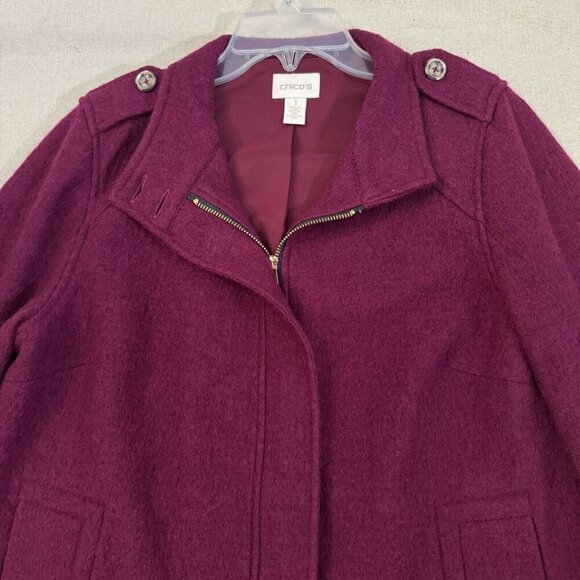 Chicos Burgundy Wool 3/4 Sleeve Full Zip Jacket Button Flap Accents Lined 2 - Picture 3 of 15